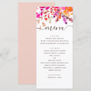 Menu Mariage à fleurs rose aquarelle. Jardin botanique