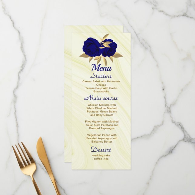 Menu mariage à fleurs royal bleu or (Devant/Arrière en situation)