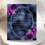 Menu Mariage à huile de la marine d'argent violet<br><div class="desc">Cette élégante carte mariage moderne présente un cadre géométrique argenté décoré de bouquets de prune violet et de fleurs argentées sur un arrière - plan bleu marine en imitation feuille. Le texte personnalisable combine écriture fantaisie gris argenté,  cuivre et polices italiques.</div>