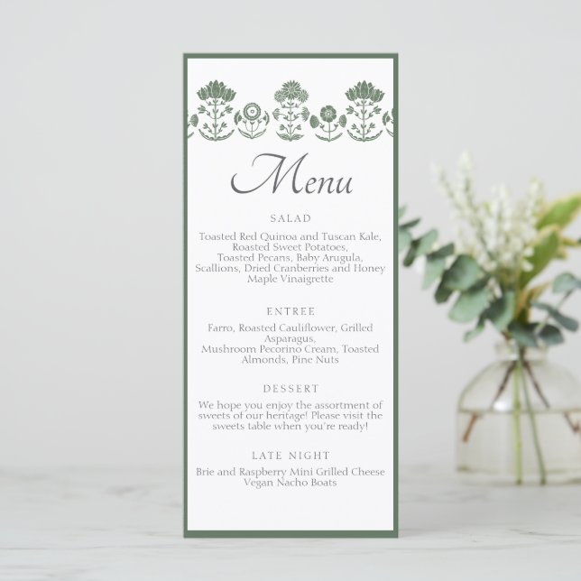 Menu Mariage à impression botanique verte et blanche (Debout devant)