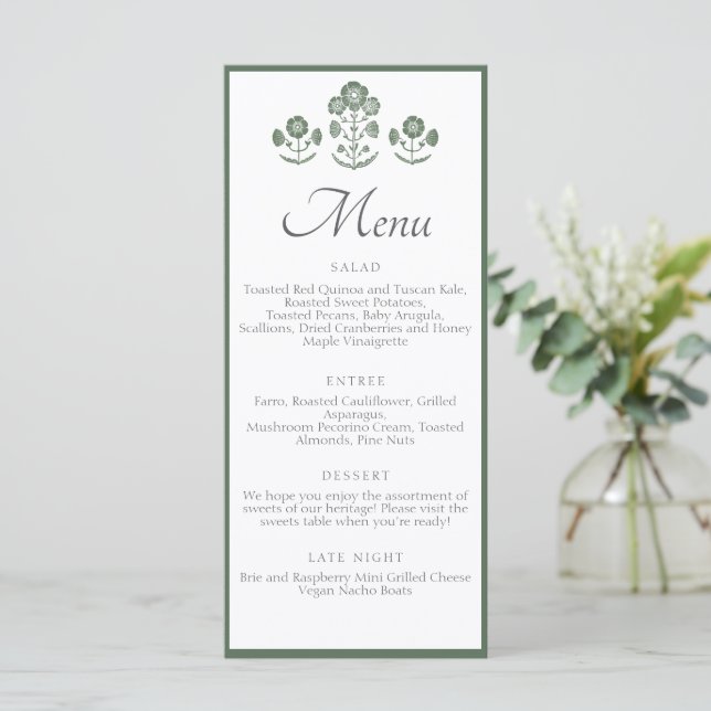 Menu Mariage à impression botanique verte et blanche (Debout devant)