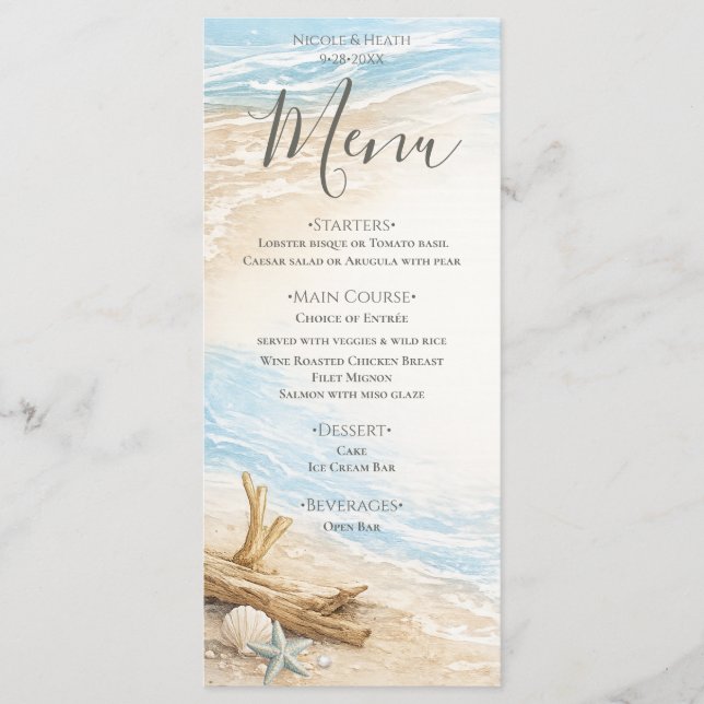 Menu Mariage à la plage à l'aquarelle des marées éterne (Devant)