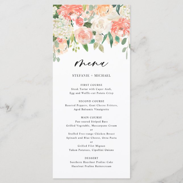 Menu Mariage à l'aquarelle et aux fleurs d'ivoire (Devant)