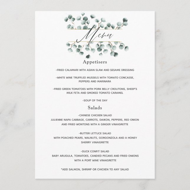 Menu Mariage à l'aquarelle Eucalyptus (Devant)