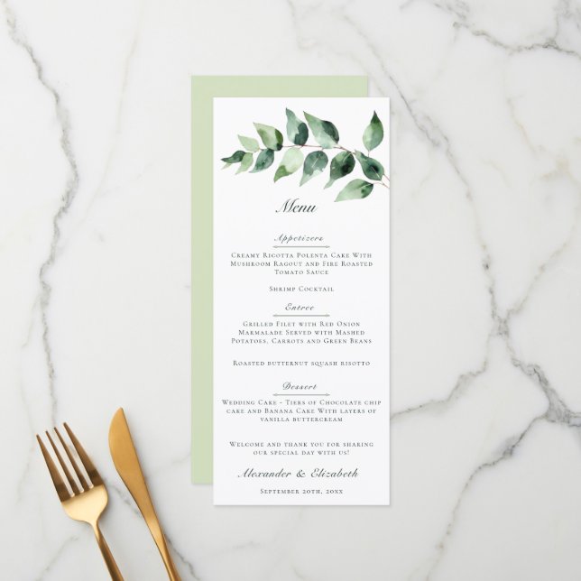 Menu Mariage à l'aquarelle Eucalyptus | Blanc (Devant/Arrière en situation)
