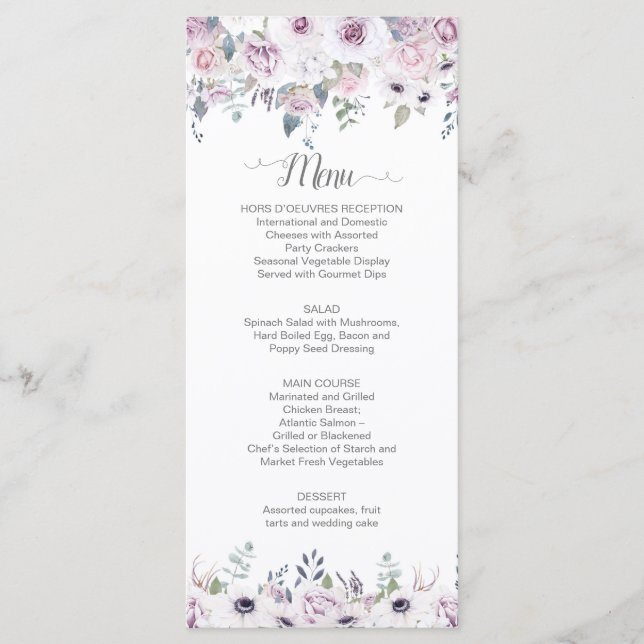 Menu Mariage à l'aquarelle Roses Violettes & Roses et V (Devant)