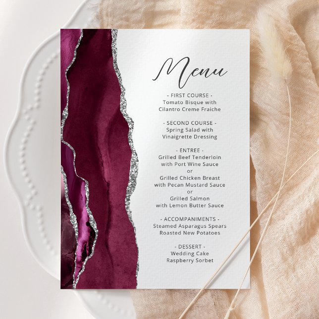 Menu Mariage à l'écriture argentée sur agate de Bourgog (Créateur téléchargé)