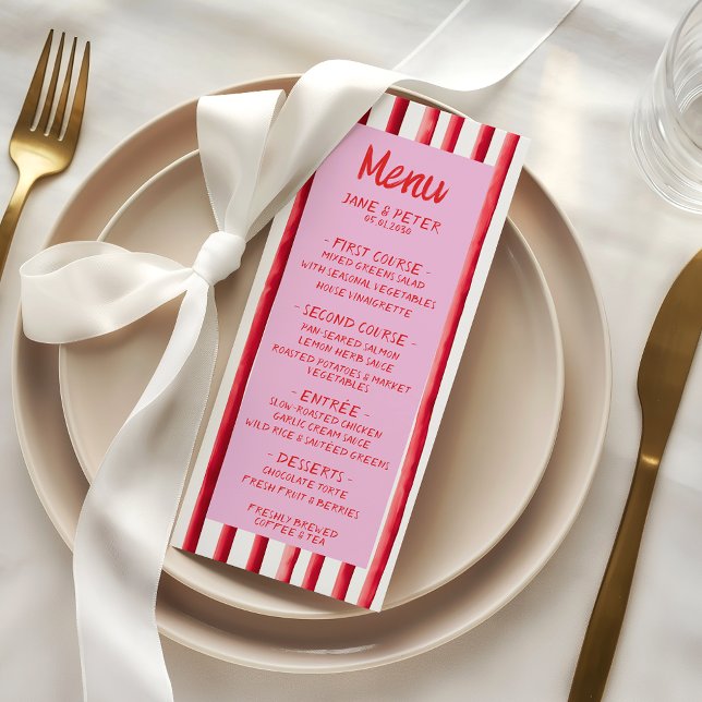 Menu Mariage à l'écriture manuscrite rose et rouge rayé (Créateur téléchargé)