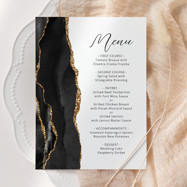 Menu Mariage à l'écriture moderne Black Gold Agate (Créateur téléchargé)