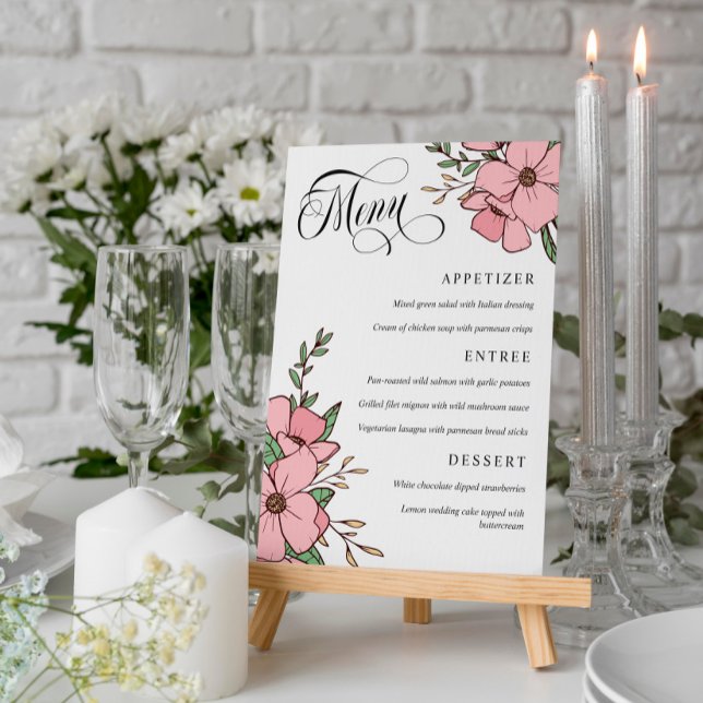 Menu Mariage à l'écriture tourbillonnante de fleurs ros (Créateur téléchargé)