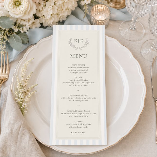 Menu Mariage à monogramme rayé bleu et sauge (Créateur téléchargé)