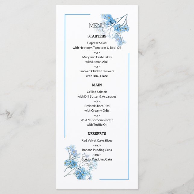 Menu Mariage à motif floral botanique bleu clair (Devant)