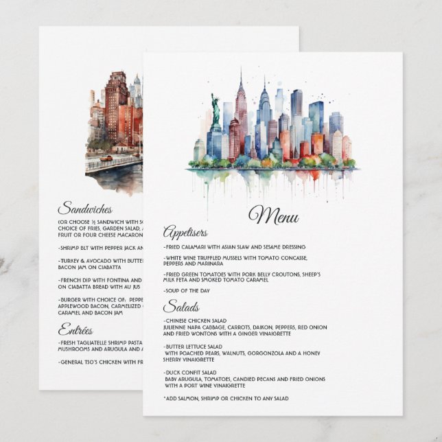 Menu Mariage à New York à l'aquarelle (Devant / Derrière)