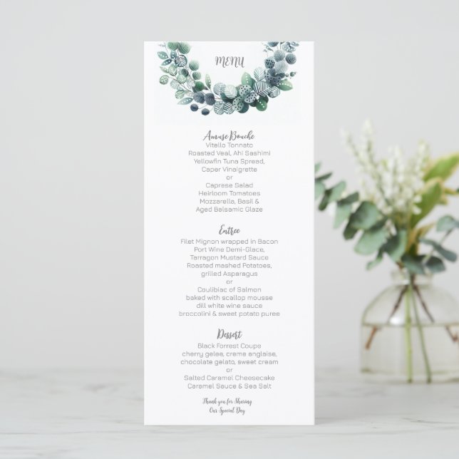 Menu Mariage abstrait botanique eucalyptus (Debout devant)