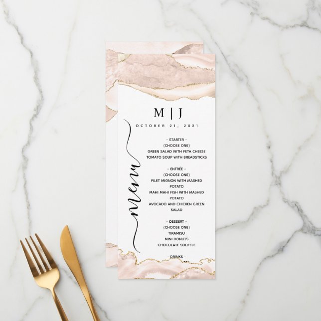 Menu Mariage Agate Blush & Gold Parties scintillant (Devant/Arrière en situation)