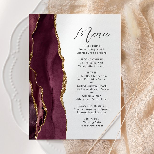 Menu Mariage Agate Bourgogne Or Script (Créateur téléchargé)