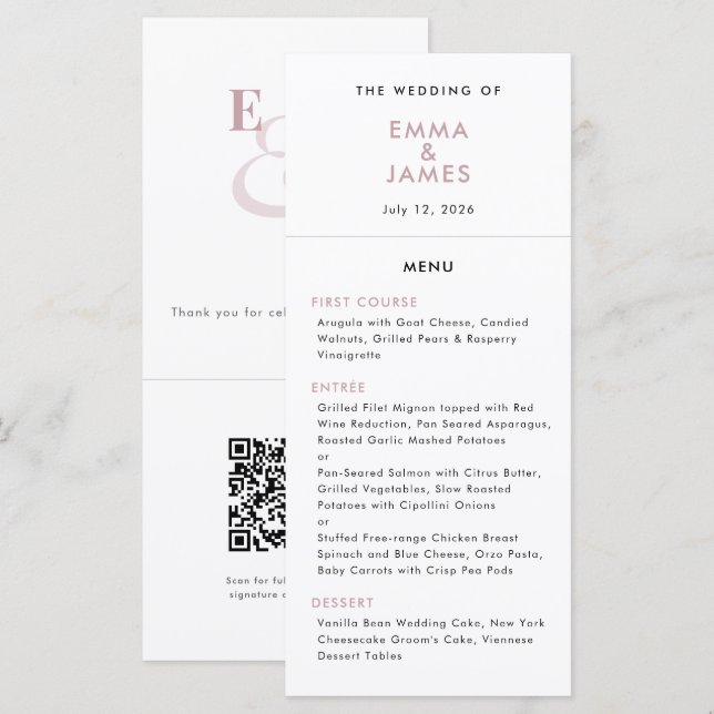 Menu Mariage Ampersand Mauve | Code QR | Élégant (Devant / Derrière)