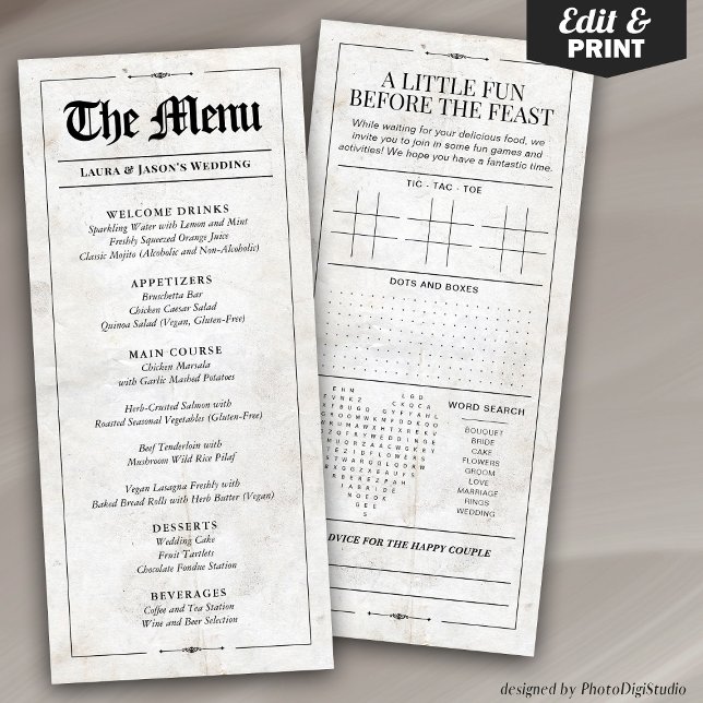 Menu Mariage amusant avec Jeu Mariage Journal (Fun Wedding Menu with Wedding Games Newspaper, Black and White Menu for Wedding)