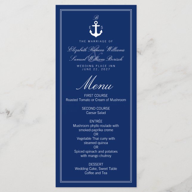 Menu Mariage Ancre Monogramme bleu foncé (Devant)