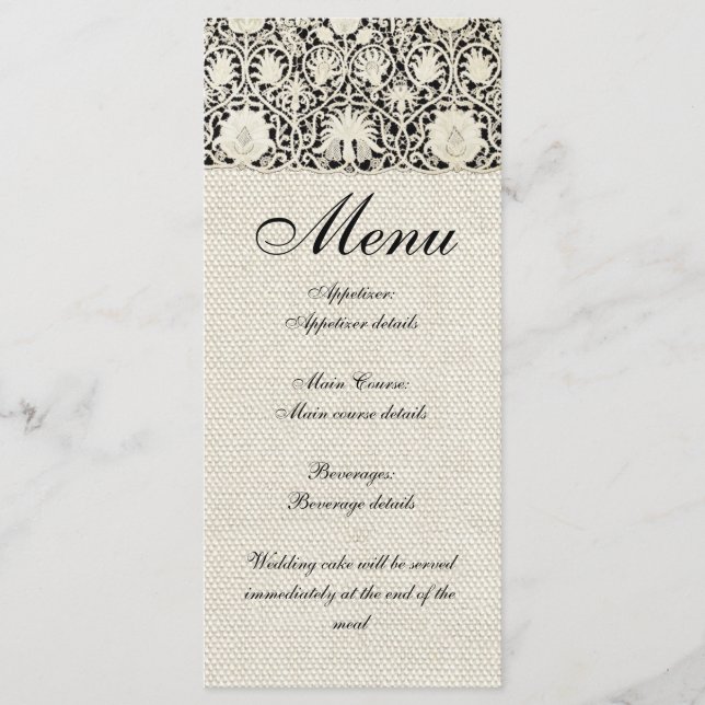 Menu Mariage Antique Dentelle Lin Blanc Classique Joli (Devant)