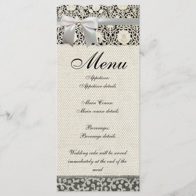Menu Mariage Antique Dentelle Lin Blanc Classique Joli (Devant)