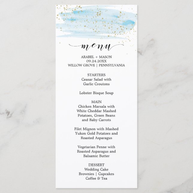 Menu Mariage Aquarelle bleu et or étincelle (Devant)
