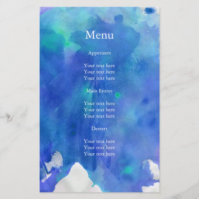 Menu Mariage Aquarelle bleue (Devant)