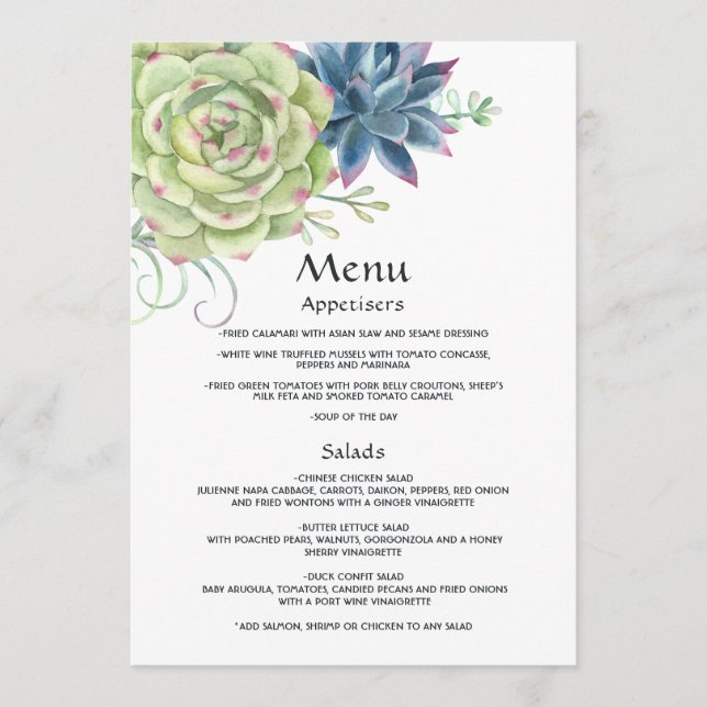 Menu Mariage aquarelle cactus succulents désertiques (Devant)