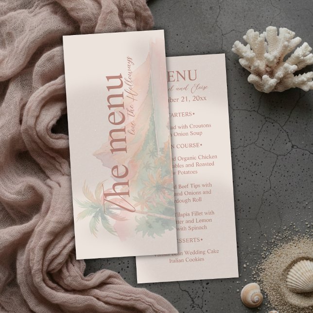 Menu Mariage aquarelle de plage de l'île du coucher de  (Tropical Sunset Island Beach Watercolor Wedding Menu)
