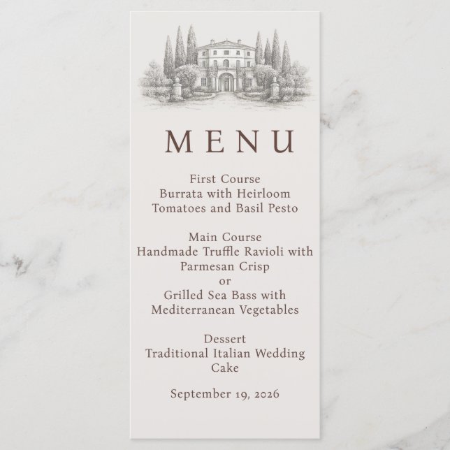 Menu Mariage aquarelle de villa italienne élégante (Devant)