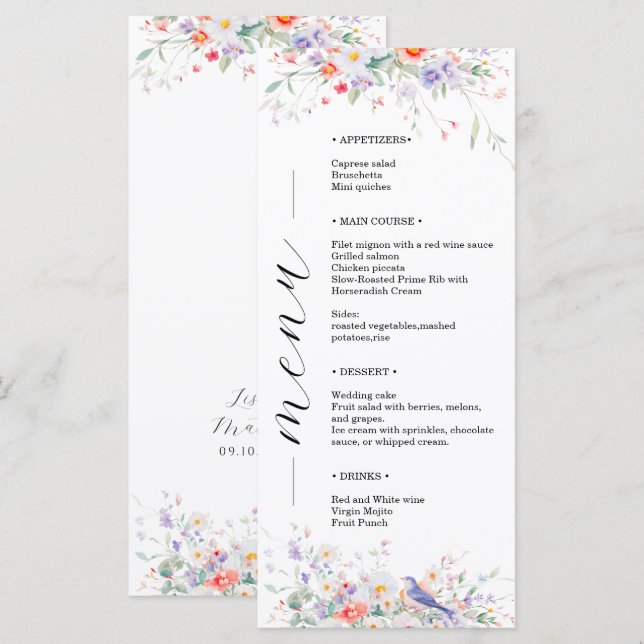 Menu Mariage Aquarelle Fleurs Fantaisistes et Oiseaux B (Devant / Derrière)