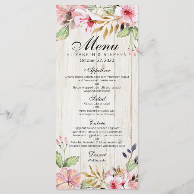 Menu mariage Aquarelle Fleurs roses Bois rustique (Devant)