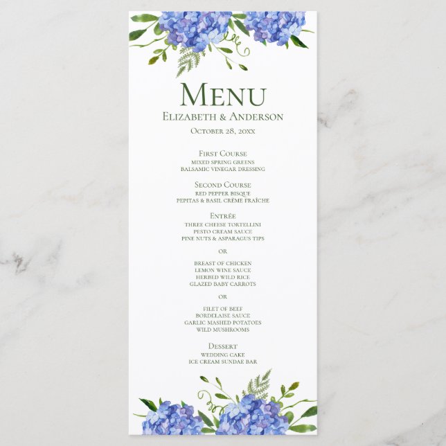 Menu Mariage Aquarelle Florale aux Hortensias Bleus (Devant)