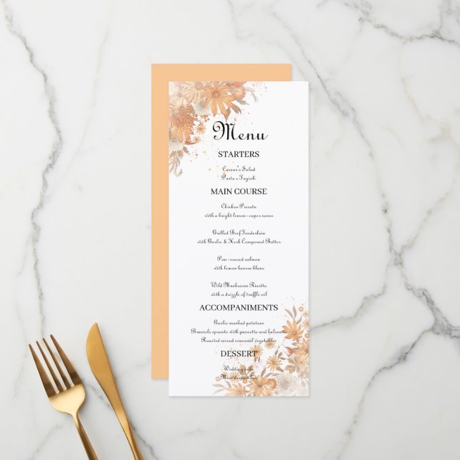 Menu Mariage Aquarelle Florale Rustique d'Automne (Devant/Arrière en situation)