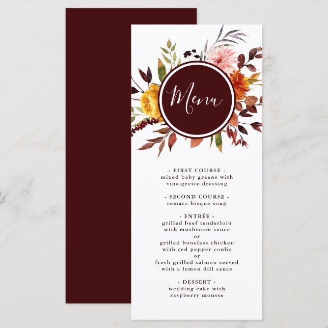 Menu Mariage aquarelle Jardin d'Automne Bourgogne  (Devant / Derrière)