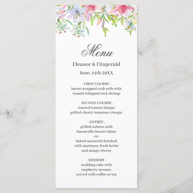 Menu Mariage Aquarelle Lilies (Devant)