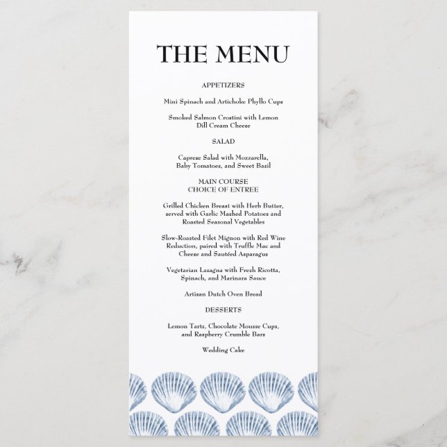 Menu Mariage aquarelle moderne bleu côtier plage (Devant)
