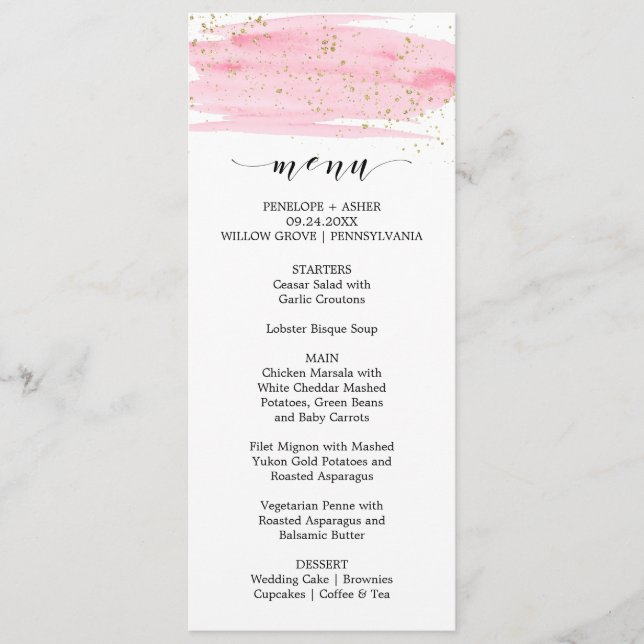 Menu Mariage Aquarelle Rose Blush & Gold Sparkt (Devant)