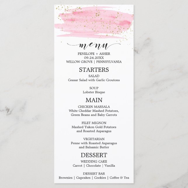 Menu Mariage Aquarelle Rose Blush & Gold Sparkt (Devant)