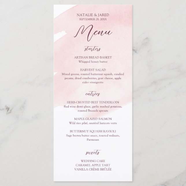 Menu Mariage Aquarelle rose pâle (Devant)