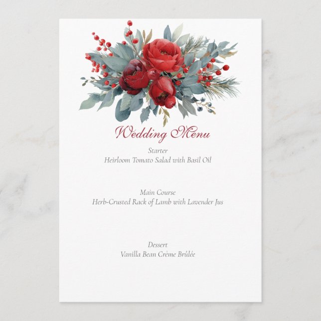 Menu Mariage aquarelle roses bordeaux et rose (Devant)