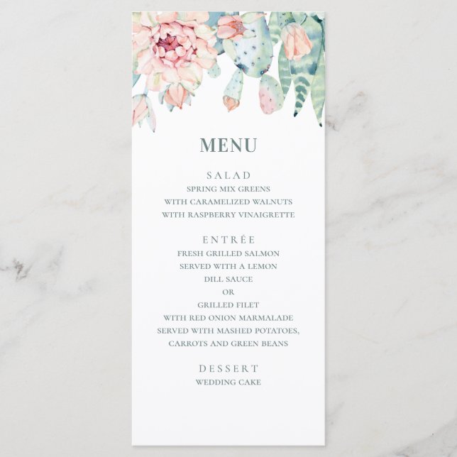 Menu Mariage aquarelle succulents. Cactus à fleurs rose (Devant)