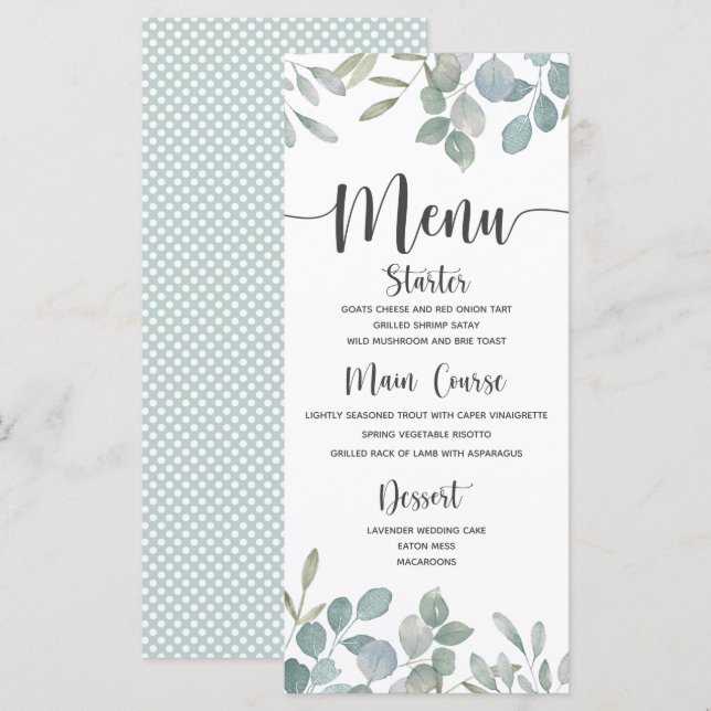 Menu Mariage aquarelle vert et blanc Eucalyptus rustiqu (Devant / Derrière)
