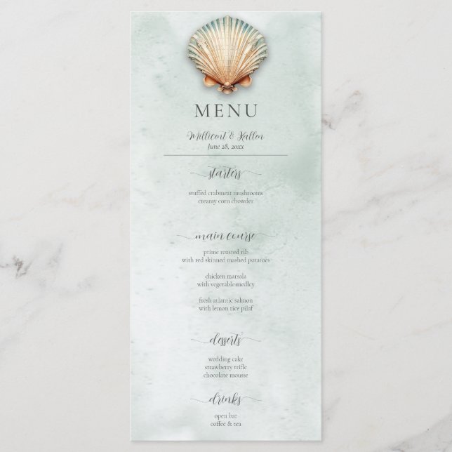 Menu Mariage aquatique moderne Coastal Seashell (Devant)