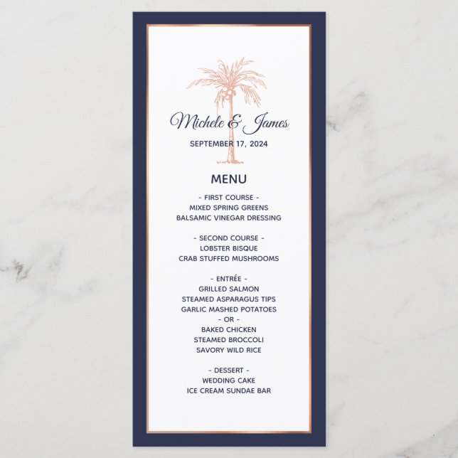 Menu Mariage Arbre à Palmes Or Rose Cuivre Bleu Marine (Devant)