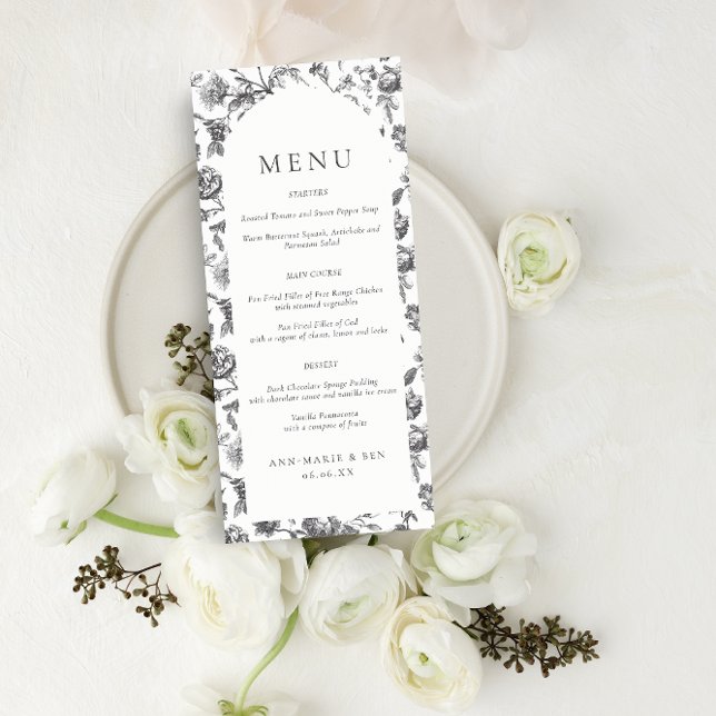 Menu Mariage Arc en toile florale noir et blanc (Créateur téléchargé)