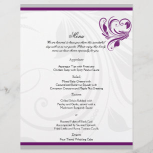 Menu Mariage Argent et Purple Floral Heart