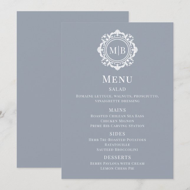 Menu Mariage Argent Monogramme Floral Orné (Devant / Derrière)