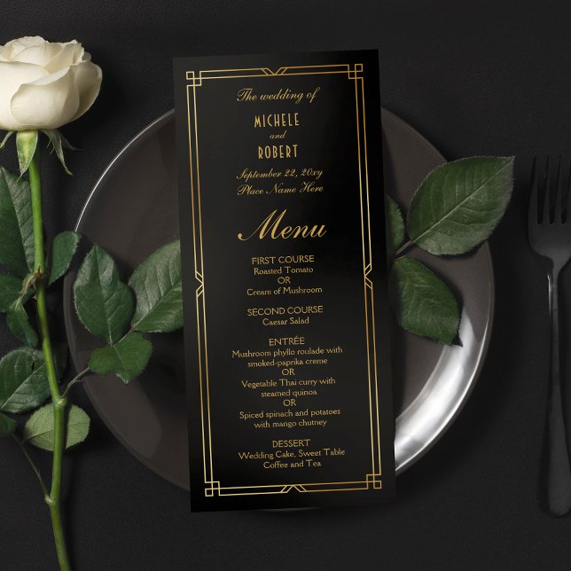 Menu Mariage Art Déco élégant Black Gold Frame (Créateur téléchargé)