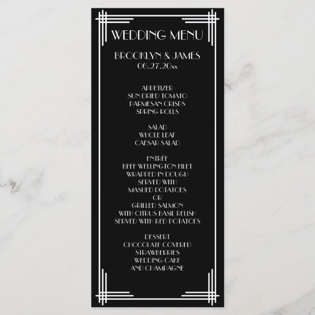 Menu Mariage Art Déco Gatsby Black White Great (Devant)
